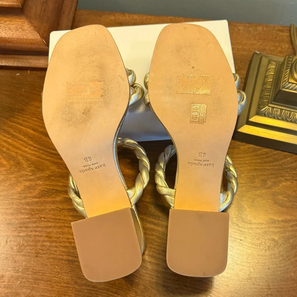 Kate Spade Nina Metallic Gold Leather Braided Block Heel Sandals Size 8 - Picture 8 of 11